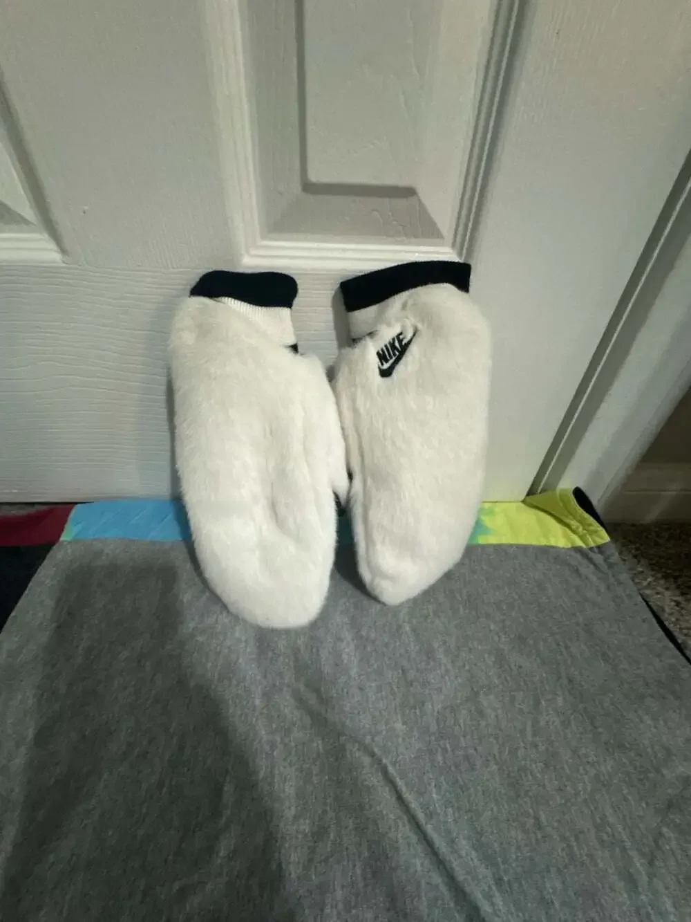 Nike Women's Faux Fur Winter Mittens in White and Black